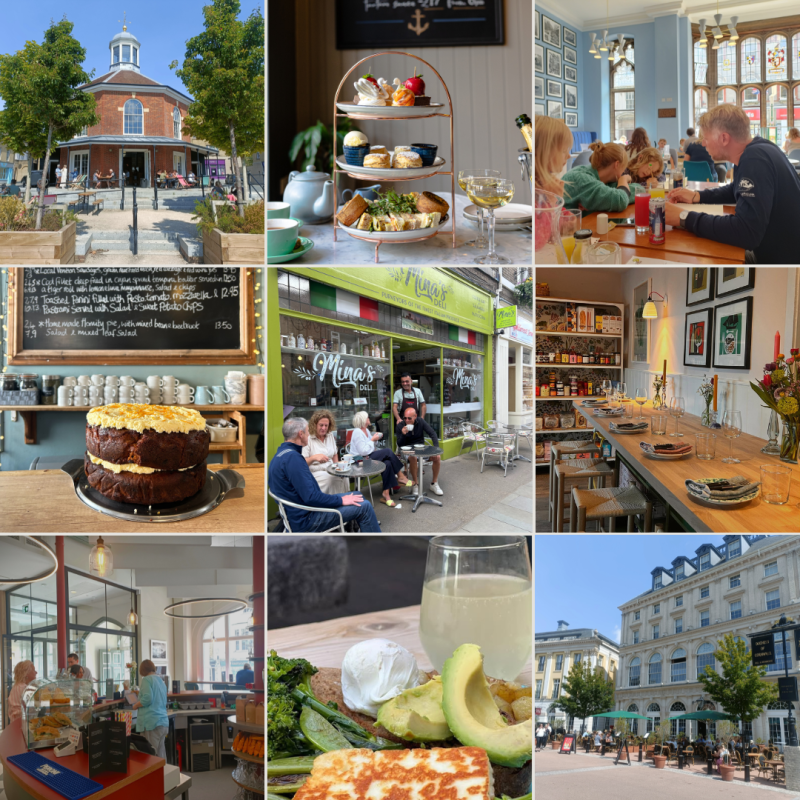 Food envy. Top left to bottom right Finca, The King's Arms, Taste, Potter's Cafe, Mina's Deli, Brassica, Corn Exchange, Town Mill Bakery, Duchess of Cornwall Inn