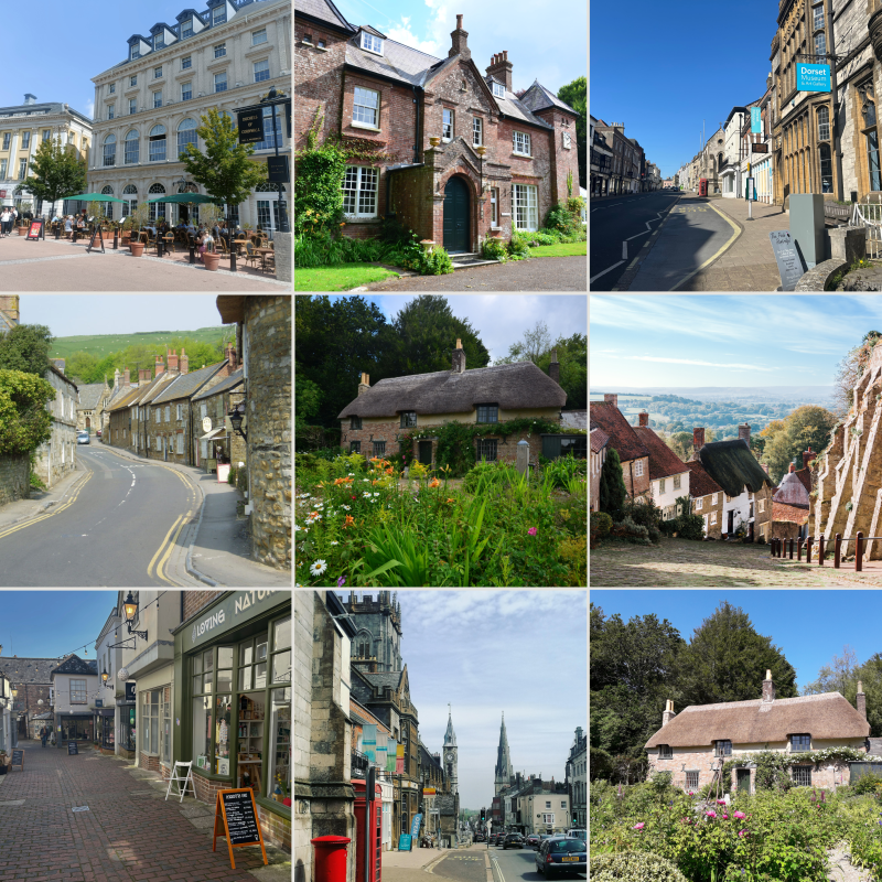 Top left to bottom Right: Duchess of Cornwall Inn, Hardy's House Max Gate, High West Street, Abbotsbury (image copyright CBTA CiC, Chesil Bank Traders Association CiC), Haryd's Cottage, Gold Hill (Image by Bittermuir from Pixabay), Antelope Walk, High West Street, Hardy's Cottage.